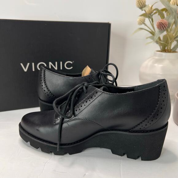 Vionic Anaheim Leather Lace Up Chunky Wedge Derby Loafer Black Women's 6.5M NWD - Picture 6 of 11